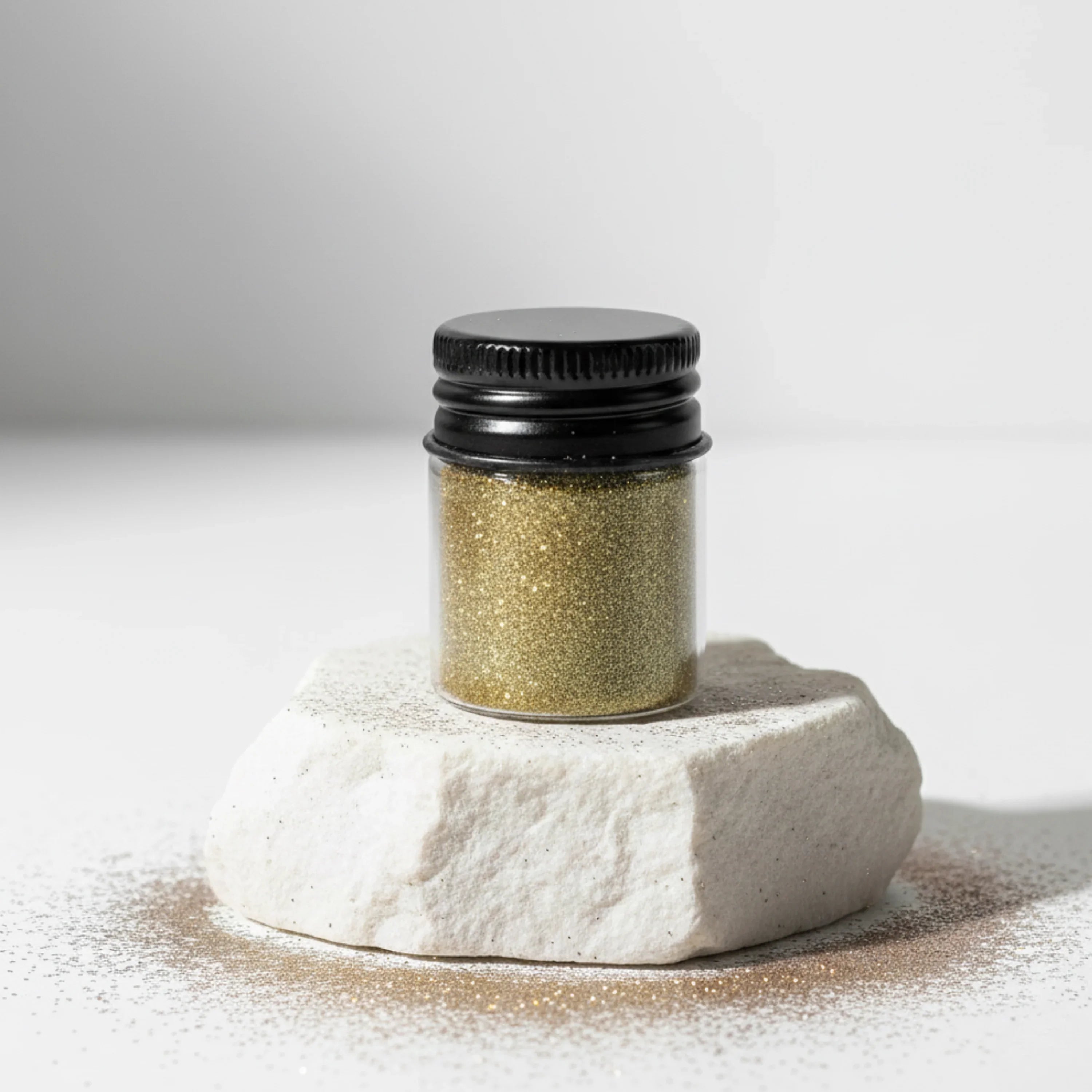 Small jar of purple glitter with a black lid placed on a white textured stone, with scattered glitter around it.