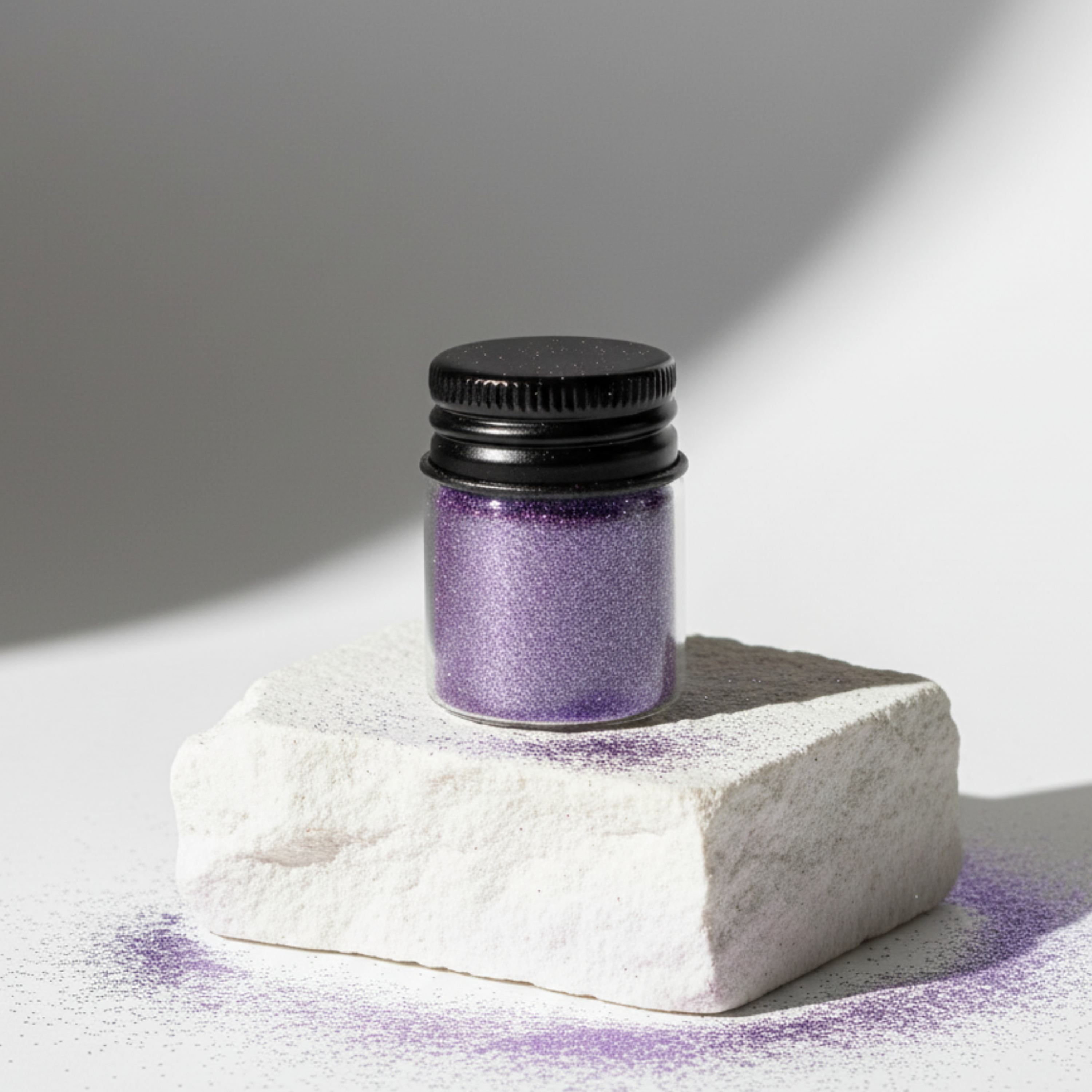Small jar of purple glitter with a black lid placed on a white textured stone, with scattered glitter around it.