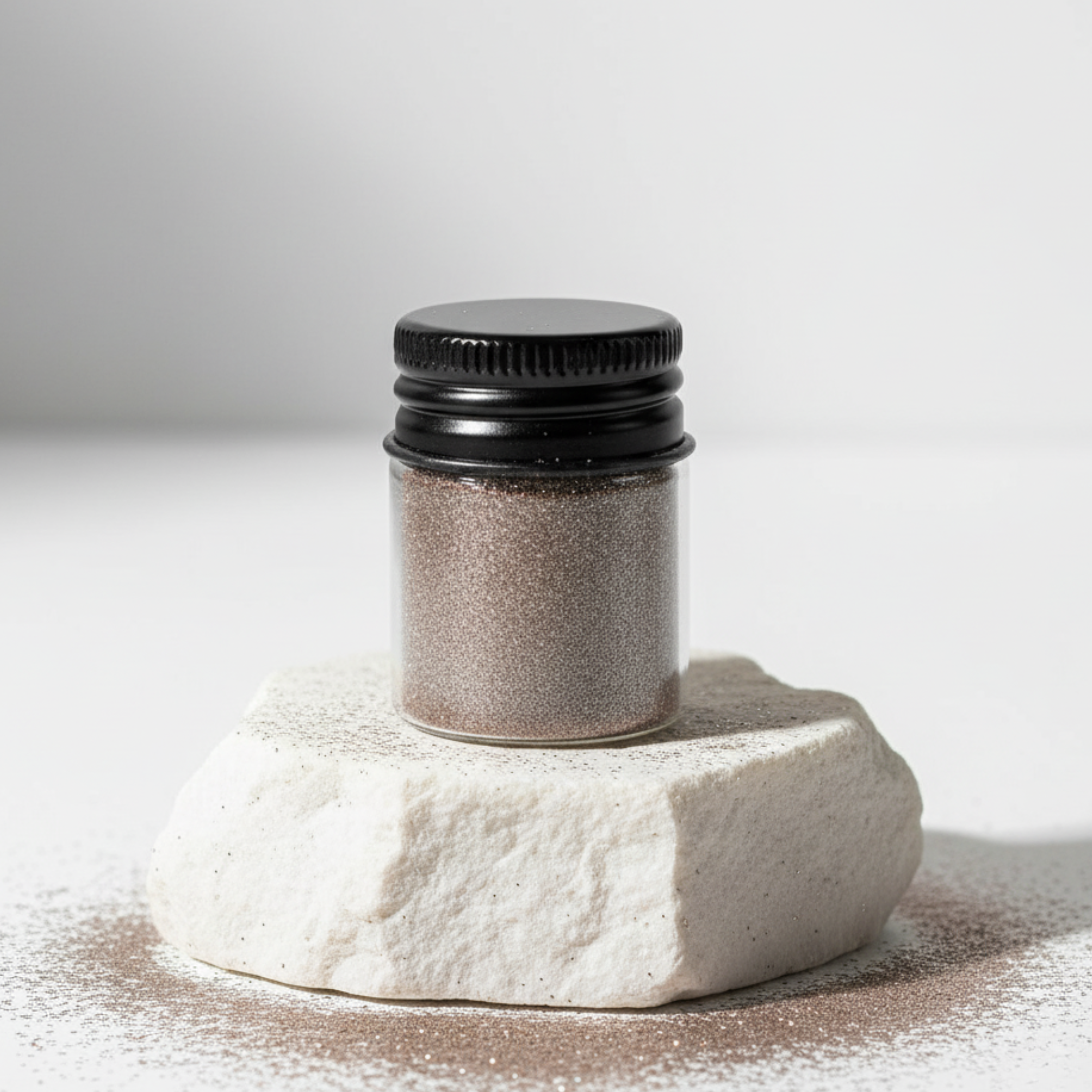 Small container of sand on a stone base with a white background.