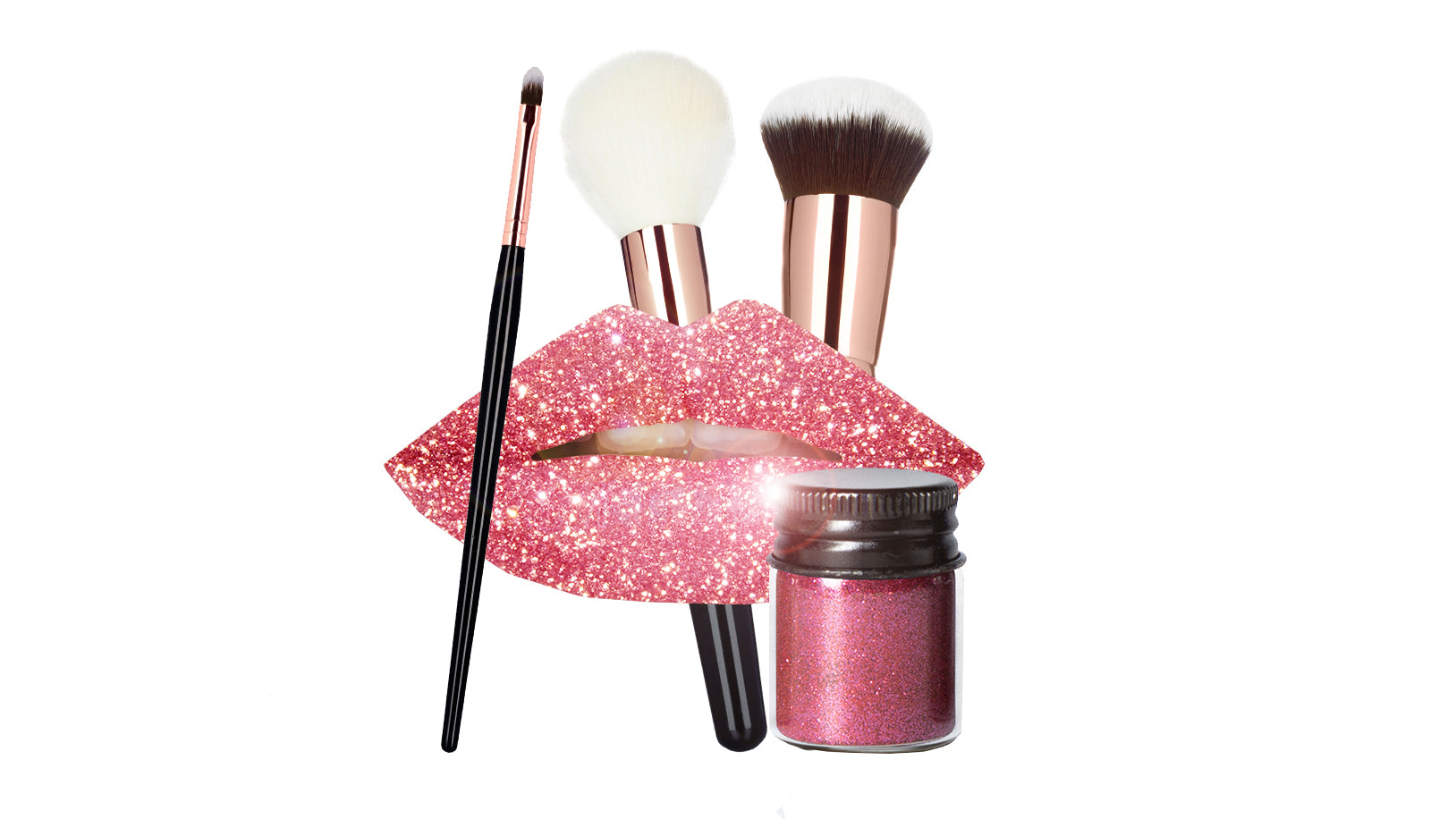 Makeup brushes, glittery lip product, and container on a white background